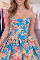 Load image into Gallery viewer, Blue Floral Strapless A-Line Short Homecoming Dress with Bow