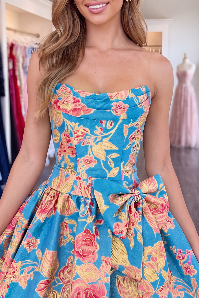 Load image into Gallery viewer, Blue Floral Strapless A-Line Short Homecoming Dress with Bow