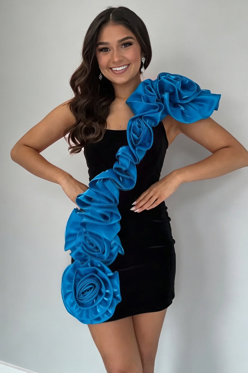 Load image into Gallery viewer, Blue Tight Ruffled One Shoulder Short Homecoming Dress