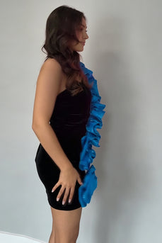 Blue Tight Ruffled One Shoulder Short Homecoming Dress