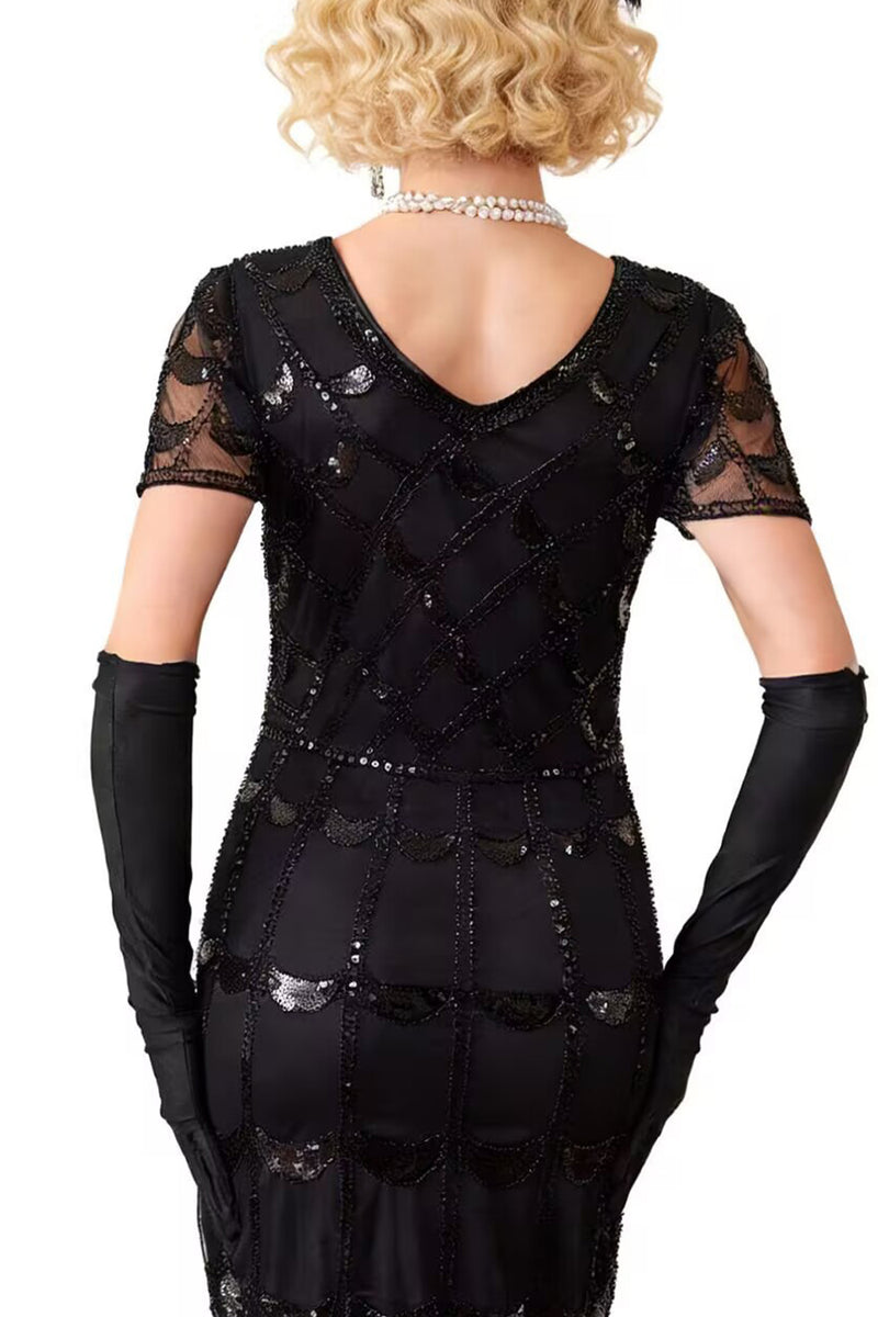 Load image into Gallery viewer, Sparkly Black Sequin Beaded 1920s Dress with Fringes