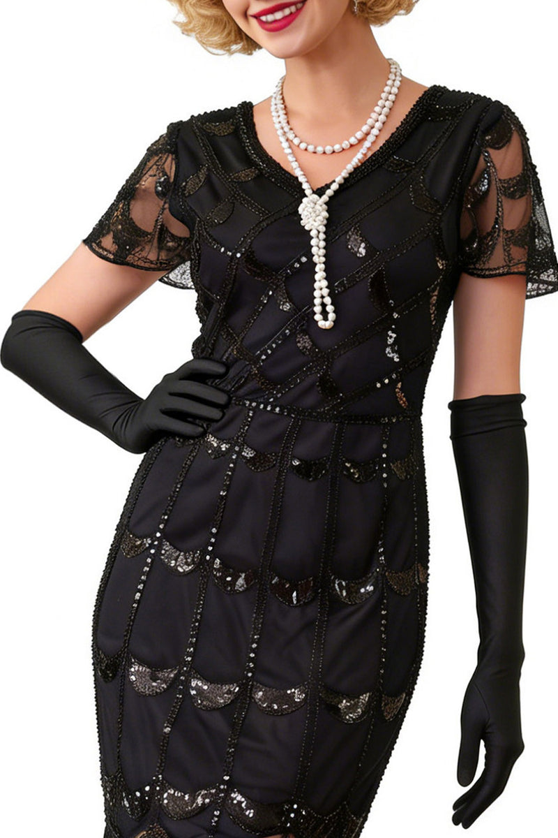 Load image into Gallery viewer, Sparkly Black Sequin Beaded 1920s Dress with Fringes