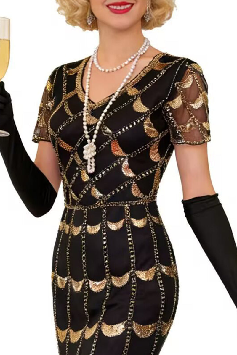Load image into Gallery viewer, Sparkly Black Sequin Beaded 1920s Dress with Fringes