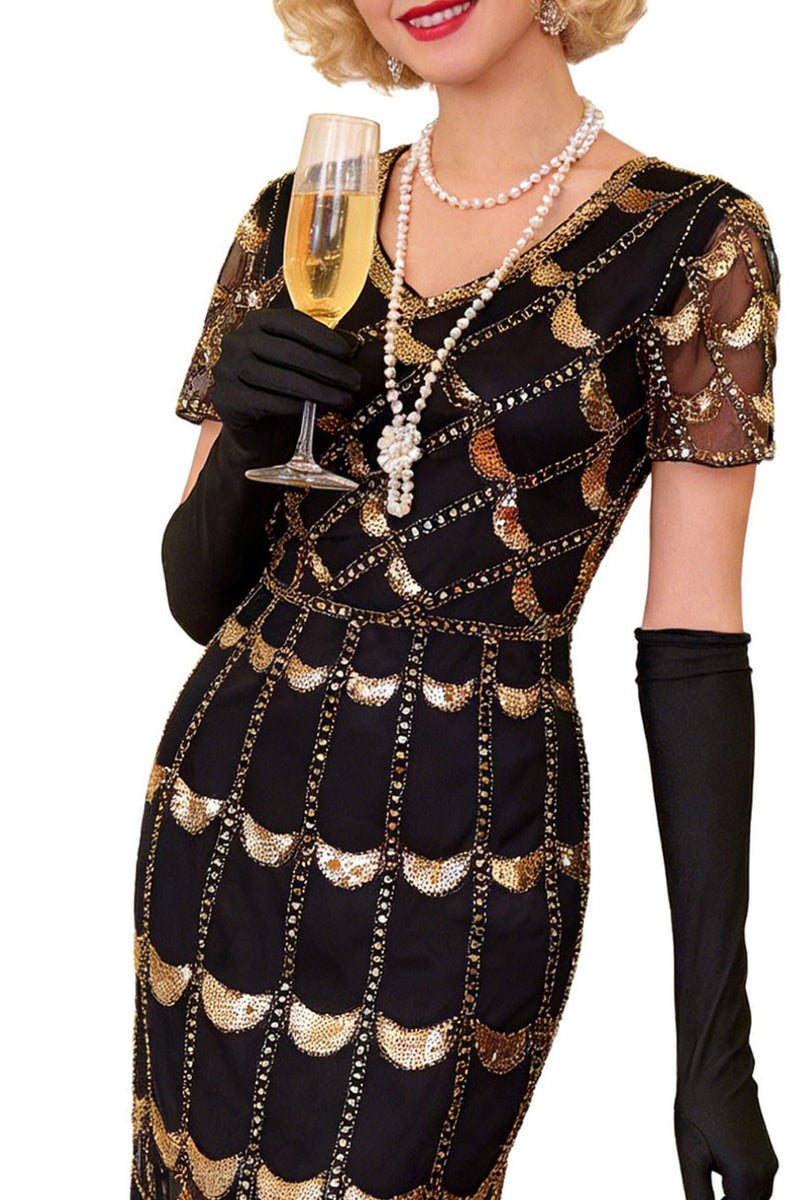 Load image into Gallery viewer, Sparkly Black Sequin Beaded 1920s Dress with Fringes