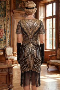 Sparkly Black Golden Bodycon 1920s Dress with Fringes