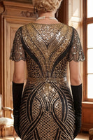 Load image into Gallery viewer, Sparkly Black Golden Bodycon 1920s Dress with Fringes