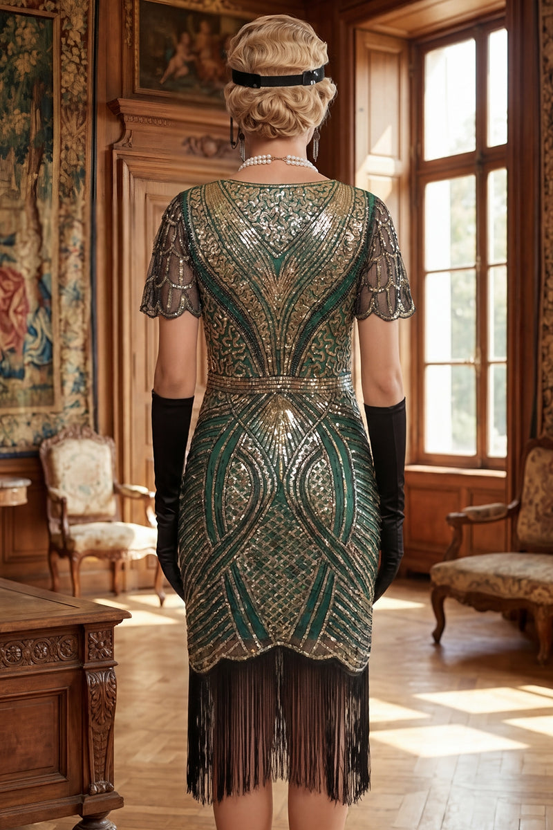 Load image into Gallery viewer, Sparkly Black Golden Bodycon 1920s Dress with Fringes