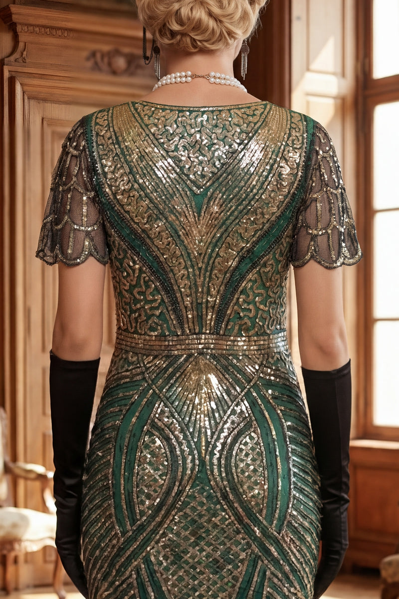 Load image into Gallery viewer, Sparkly Black Golden Bodycon 1920s Dress with Fringes