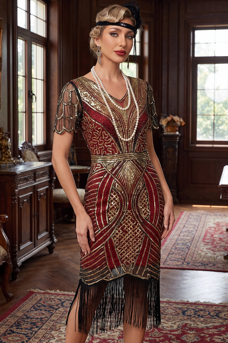 Load image into Gallery viewer, Sparkly Black Golden Bodycon 1920s Dress with Fringes