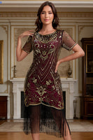 Load image into Gallery viewer, Burgundy Sparkly Sequin Scoop Neck Fringed 1920s Dress