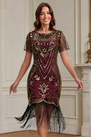 Load image into Gallery viewer, Burgundy Sparkly Sequin Scoop Neck Fringed 1920s Dress