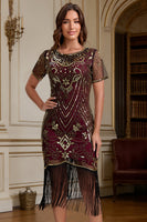 Load image into Gallery viewer, Burgundy Sparkly Sequin Scoop Neck Fringed 1920s Dress