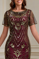 Load image into Gallery viewer, Burgundy Sparkly Sequin Scoop Neck Fringed 1920s Dress
