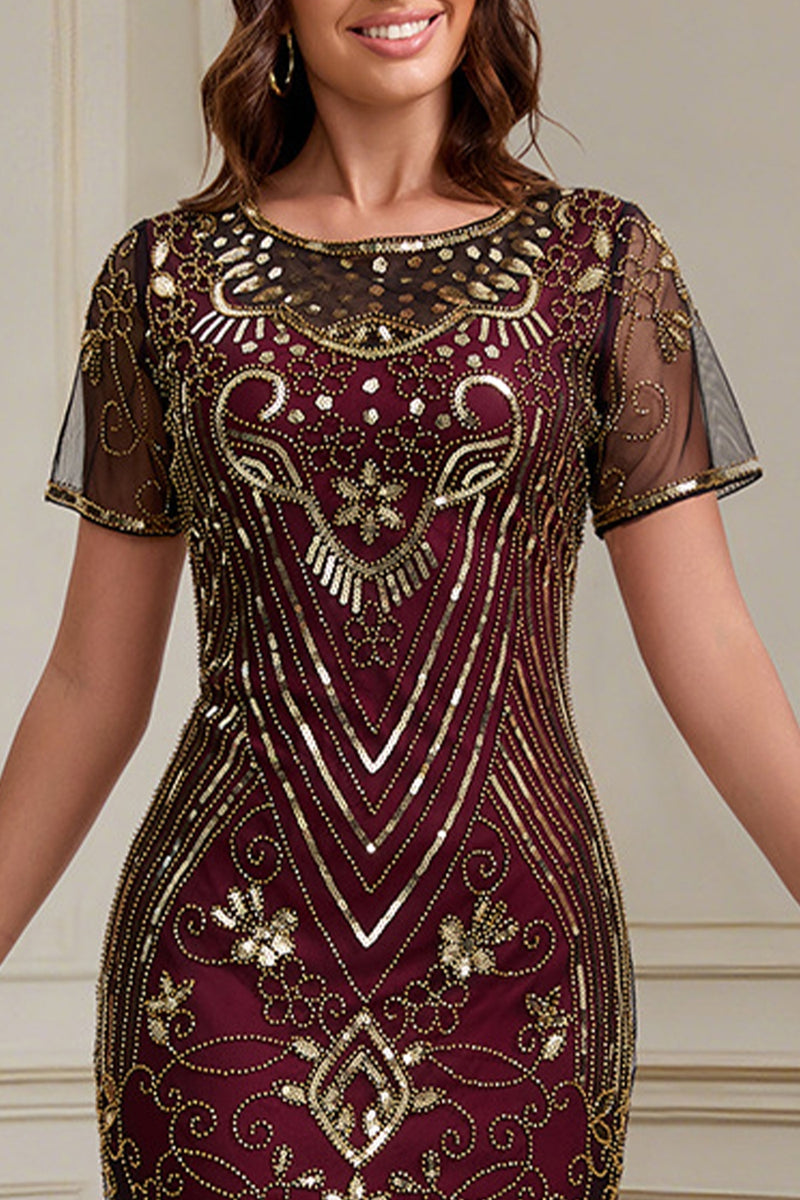 Load image into Gallery viewer, Burgundy Sparkly Sequin Scoop Neck Fringed 1920s Dress