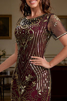 Load image into Gallery viewer, Burgundy Sparkly Sequin Scoop Neck Fringed 1920s Dress