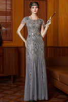 Load image into Gallery viewer, Grey Sparkly Sequin Sheath Scoop Neck Long 1920s Dress