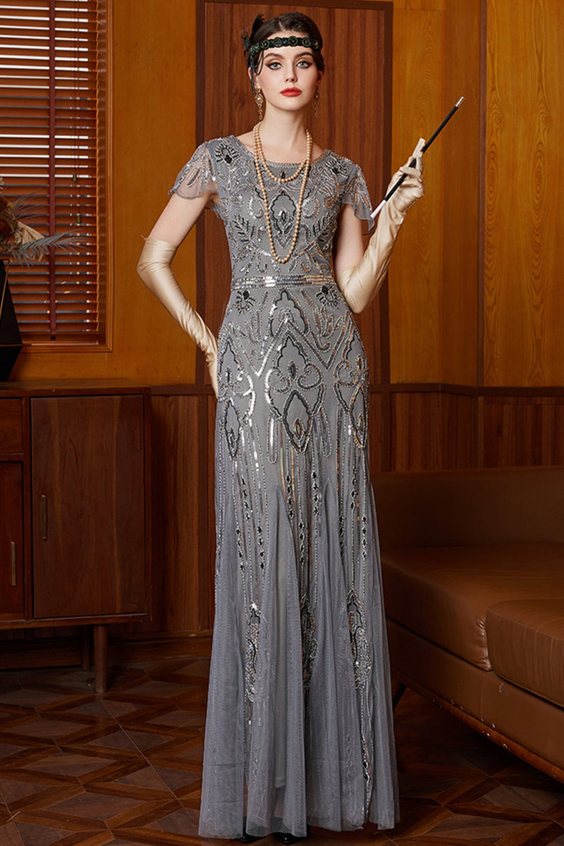 Load image into Gallery viewer, Grey Sparkly Sequin Sheath Scoop Neck Long 1920s Dress