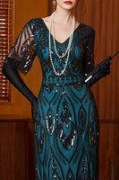 Load image into Gallery viewer, Black Blue Sparkly Sequin V Neck Long 1920s Dress