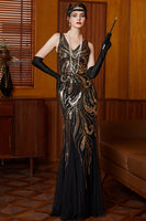 Load image into Gallery viewer, Sparkly Sequin Black Golden Mermaid Long 1920s Dress