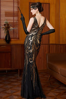 Load image into Gallery viewer, Sparkly Sequin Black Golden Mermaid Long 1920s Dress