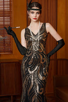 Load image into Gallery viewer, Sparkly Sequin Black Golden Mermaid Long 1920s Dress