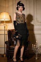 Load image into Gallery viewer, Black Golden Fringed Sparkly Sequin 1920s Dress