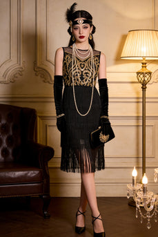 Black Golden Fringed Sparkly Sequin 1920s Dress