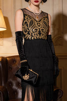 Load image into Gallery viewer, Black Golden Fringed Sparkly Sequin 1920s Dress