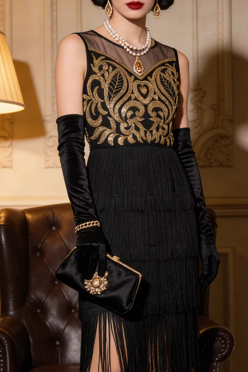 Load image into Gallery viewer, Black Golden Fringed Sparkly Sequin 1920s Dress