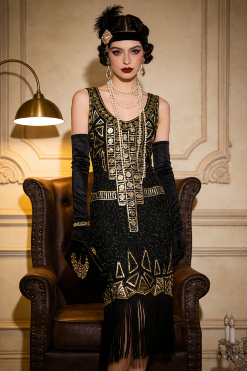 Load image into Gallery viewer, Sparkly Black Golden Scoop Neck Sequin 1920s Dress