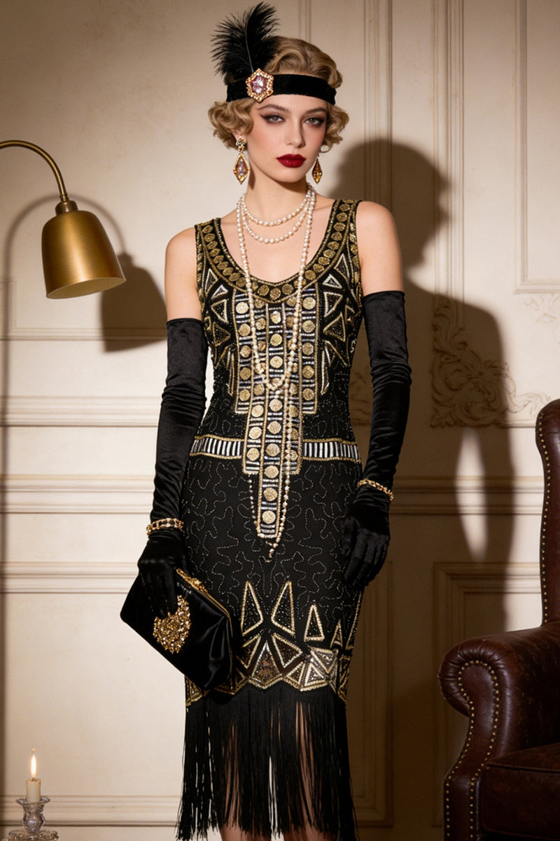 Load image into Gallery viewer, Sparkly Black Golden Scoop Neck Sequin 1920s Dress