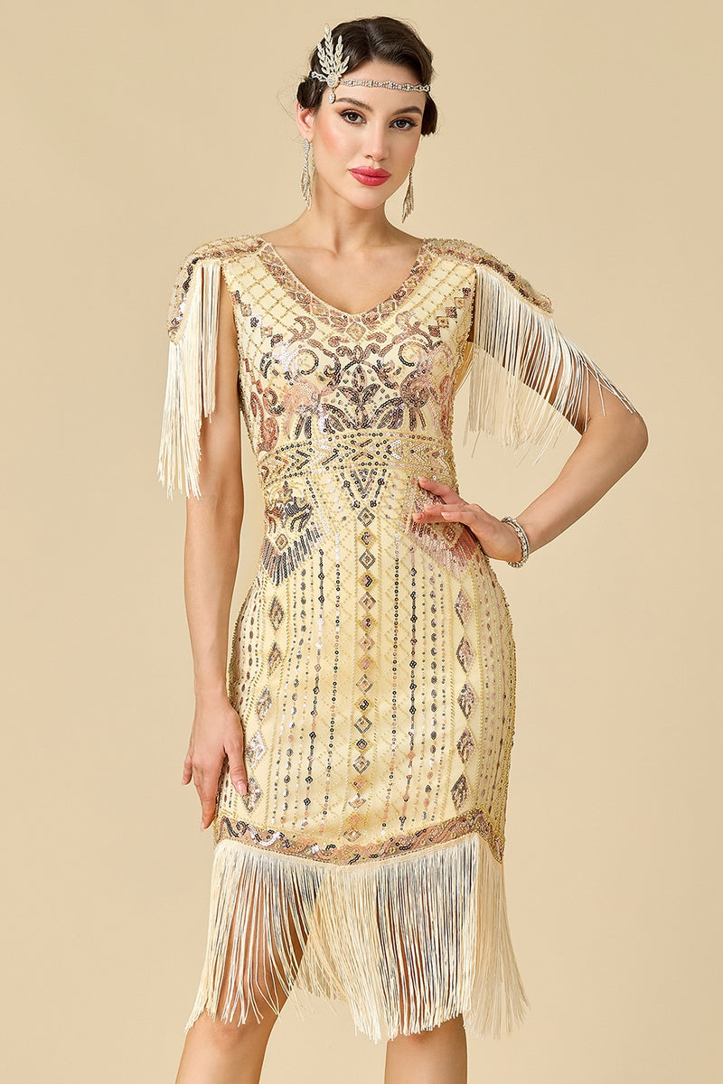 Load image into Gallery viewer, Apricot Sparkly Fringed Sequin Bodycon 1920s Dress