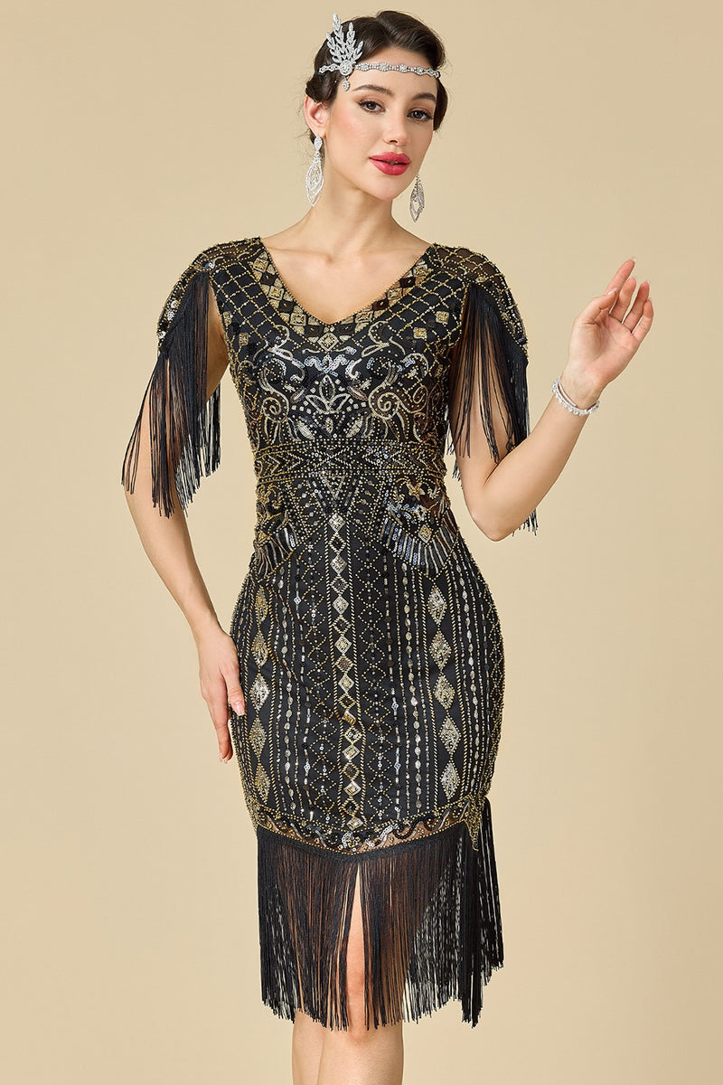 Load image into Gallery viewer, Apricot Sparkly Fringed Sequin Bodycon 1920s Dress