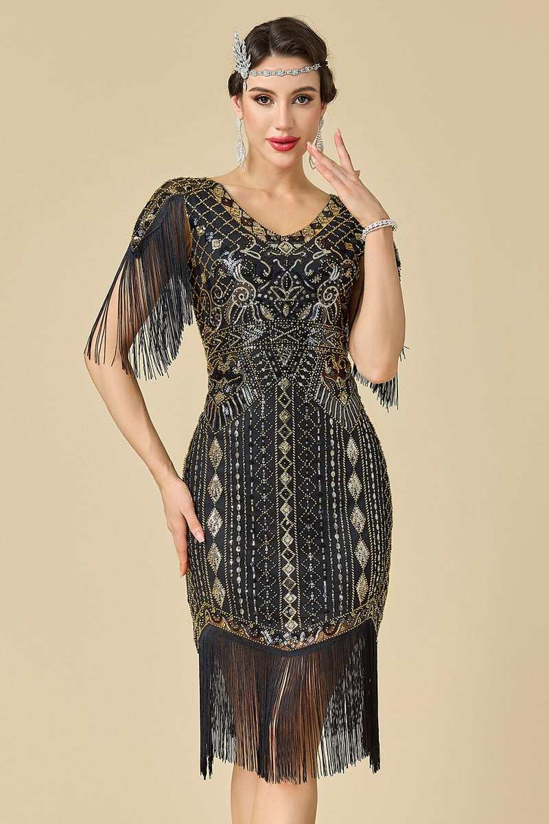 Load image into Gallery viewer, Apricot Sparkly Fringed Sequin Bodycon 1920s Dress