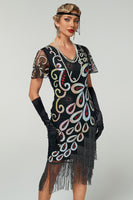 Load image into Gallery viewer, Black Sparkly V Neck Bodycon Fringed Sequin 1920s Dress