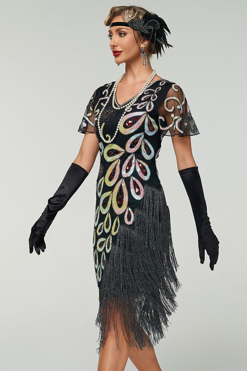 Load image into Gallery viewer, Black Sparkly V Neck Bodycon Fringed Sequin 1920s Dress
