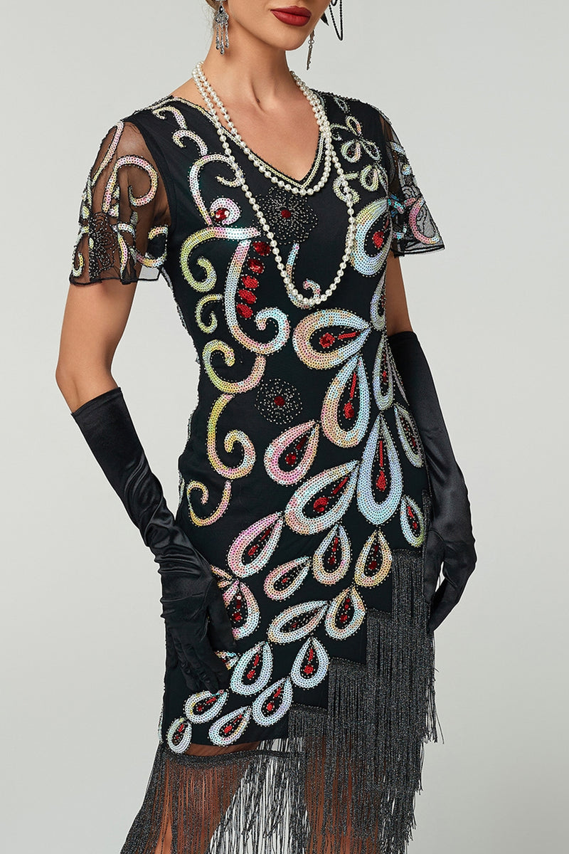 Load image into Gallery viewer, Black Sparkly V Neck Bodycon Fringed Sequin 1920s Dress