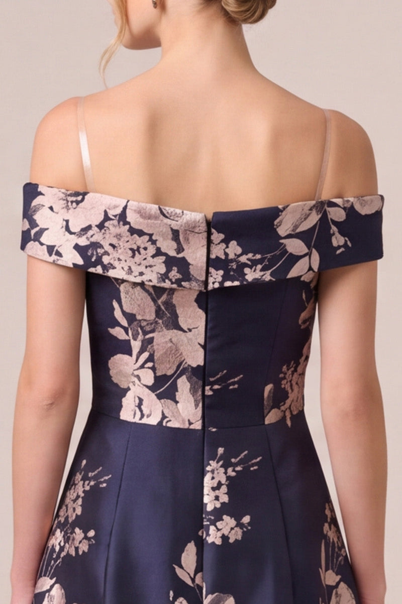 Load image into Gallery viewer, Floral Dark Navy Off The Shoulder Satin A Line Long Mother of the Bride Dress