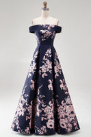 Load image into Gallery viewer, Floral Dark Navy Off The Shoulder Satin A Line Long Mother of the Bride Dress