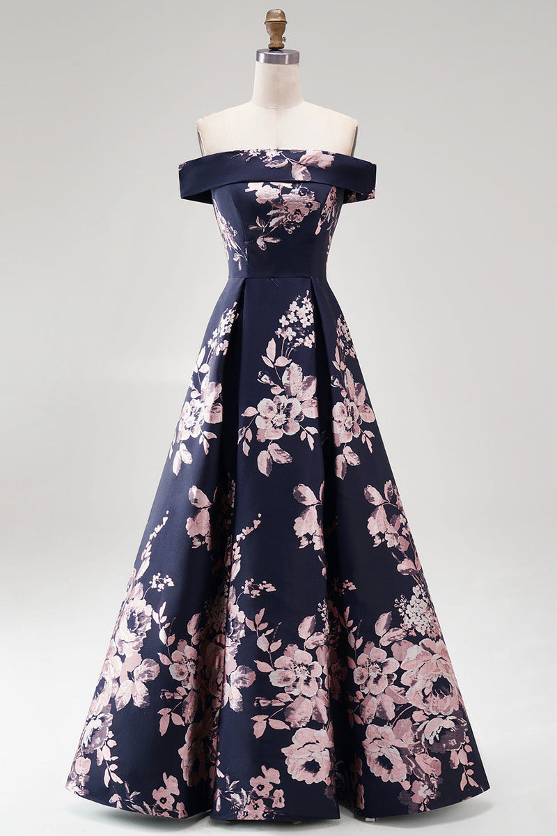 Load image into Gallery viewer, Floral Dark Navy Off The Shoulder Satin A Line Long Mother of the Bride Dress