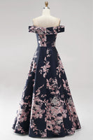 Load image into Gallery viewer, Floral Dark Navy Off The Shoulder Satin A Line Long Mother of the Bride Dress