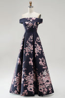 Load image into Gallery viewer, Floral Dark Navy Off The Shoulder Satin A Line Long Mother of the Bride Dress