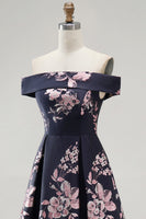 Load image into Gallery viewer, Floral Dark Navy Off The Shoulder Satin A Line Long Mother of the Bride Dress