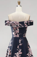 Load image into Gallery viewer, Floral Dark Navy Off The Shoulder Satin A Line Long Mother of the Bride Dress
