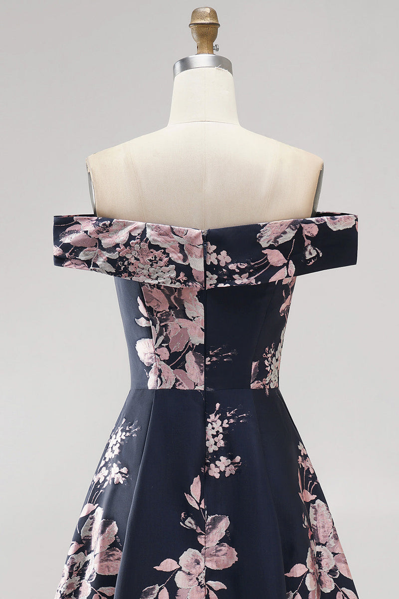 Load image into Gallery viewer, Floral Dark Navy Off The Shoulder Satin A Line Long Mother of the Bride Dress
