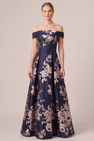 Load image into Gallery viewer, Floral Dark Navy Off The Shoulder Satin A Line Long Mother of the Bride Dress