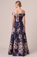 Load image into Gallery viewer, Floral Dark Navy Off The Shoulder Satin A Line Long Mother of the Bride Dress