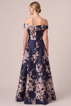 Floral Dark Navy Off The Shoulder Satin A Line Long Mother of the Bride Dress