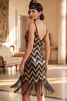 Load image into Gallery viewer, Sparkly White Golden Bodycon Sequins V-Neck Midi 1920s Dress with Fringes