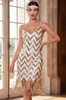 Load image into Gallery viewer, Sparkly White Golden Bodycon Sequins V-Neck Midi 1920s Dress with Fringes